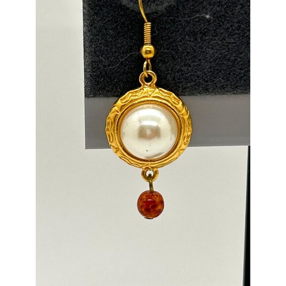 Liz Claiborne Vintage Gold-Toned Faux Pearl with Bead Dangle Earrings For Women - Picture 2 of 9